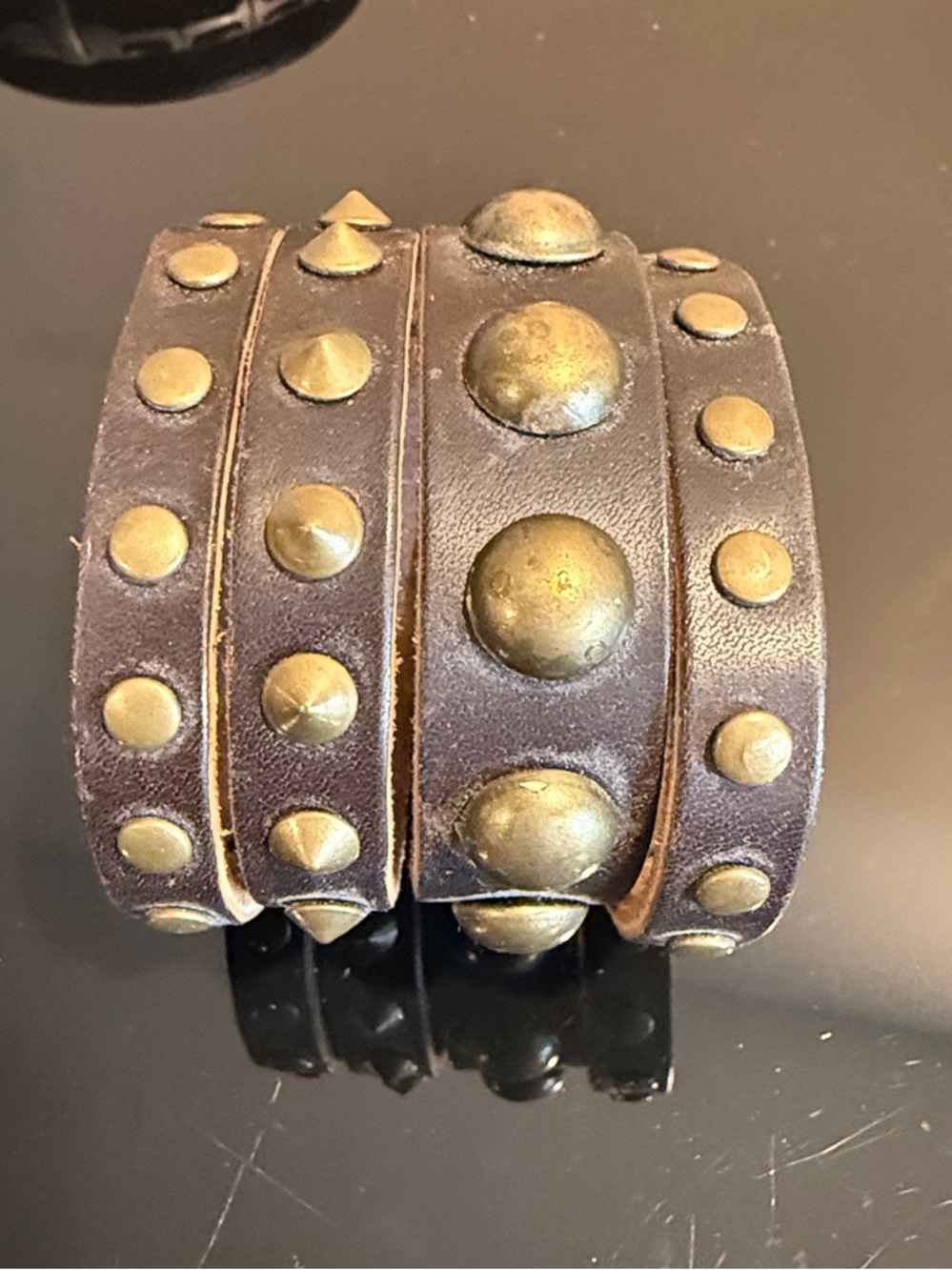 Studded Leather Wrap Bracelet - Brown with Antique Gold Studs
